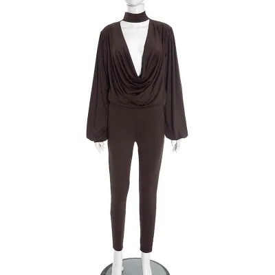 Women Fashion Sexy Solid Color Deep V-Neck Halter-Neck Long-Sleeve Loose Top Tight Pants Two-Piece Set