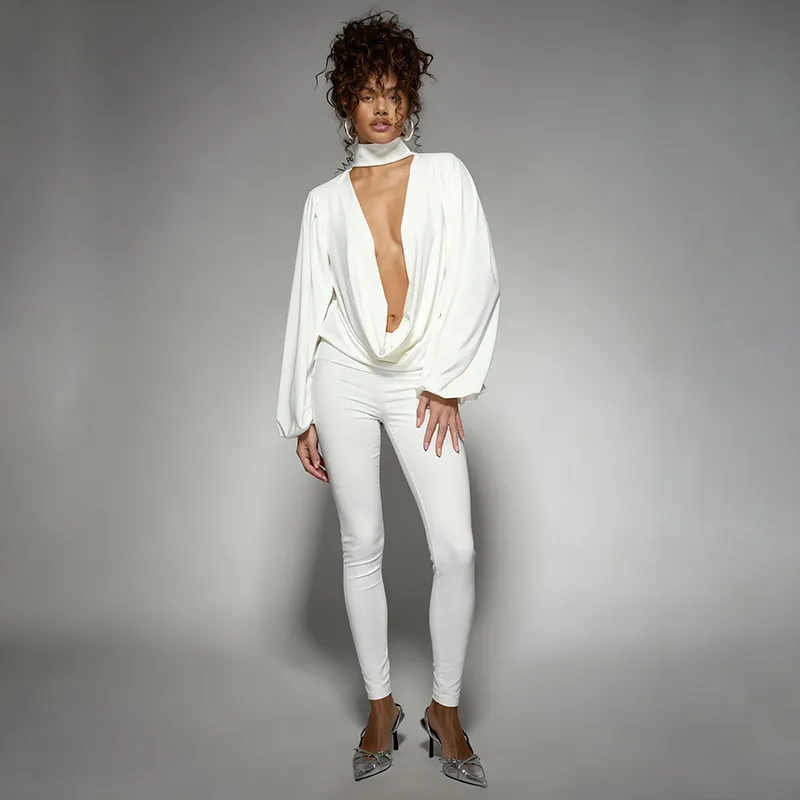 Women Fashion Sexy Solid Color Deep V-Neck Halter-Neck Long-Sleeve Loose Top Tight Pants Two-Piece Set