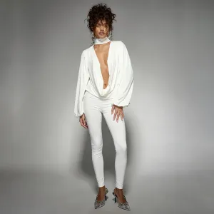 Women Fashion Sexy Solid Color Deep V-Neck Halter-Neck Long-Sleeve Loose Top Tight Pants Two-Piece Set