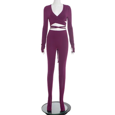 Women Fashion Sexy Solid Color V-Neck Cross Strap Long-Sleeve Crop Top High Waist Pants Two-Piece Set