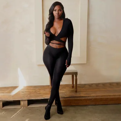 Women Fashion Sexy Solid Color V-Neck Cross Strap Long-Sleeve Crop Top High Waist Pants Two-Piece Set