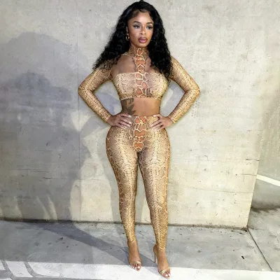 Women Fashion Sexy Animal Snake Print High Collar Long-Sleeve Crop Top Tight Pants Two-Piece Set