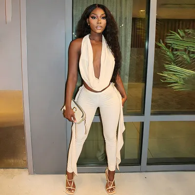 Women Fashion Sexy Solid Color Halter-Neck Backless Top Tight Pants Two-Piece Set