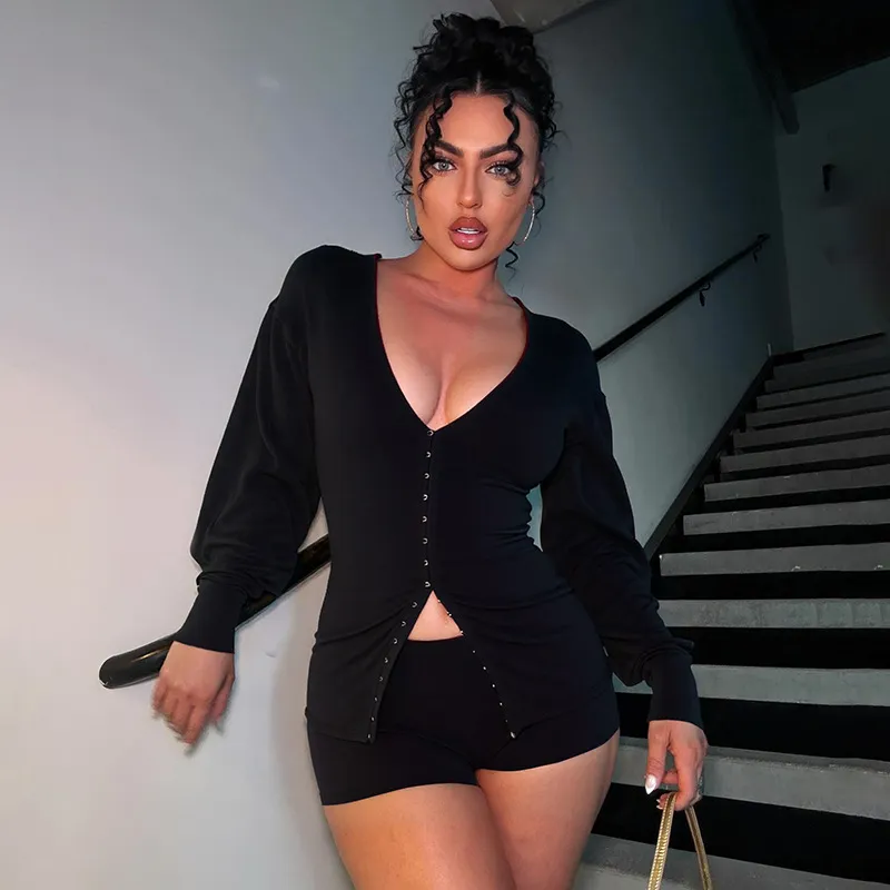 Women Sexy Solid Color Round Neck Long-Sleeve Cardigan Tight Shorts Two-Piece Set