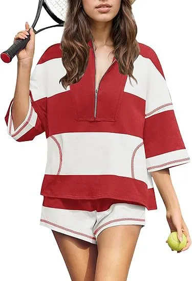 Women Casual Color Block Lapel Half-Sleeve Top Loose Shorts Set