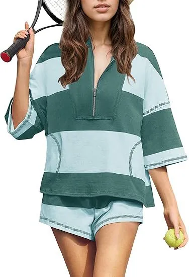 Women Casual Color Block Lapel Half-Sleeve Top Loose Shorts Set