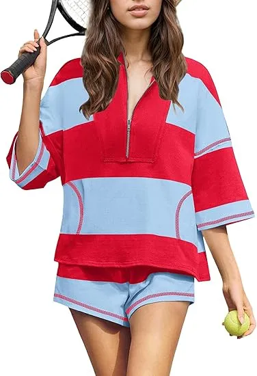Women Casual Color Block Lapel Half-Sleeve Top Loose Shorts Set