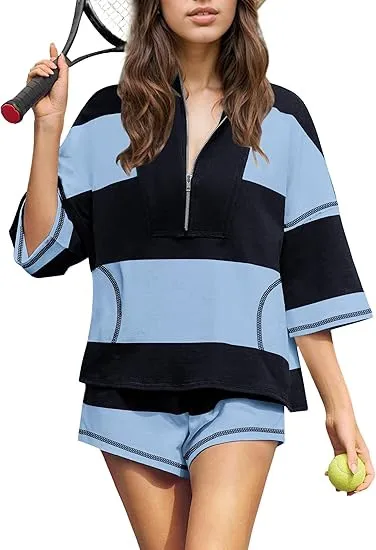 Women Casual Color Block Lapel Half-Sleeve Top Loose Shorts Set