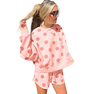 Women Casual Autumn Polo Dot Printed Long-Sleeve Sweatshirt Loose Shorts Two-Piece Set