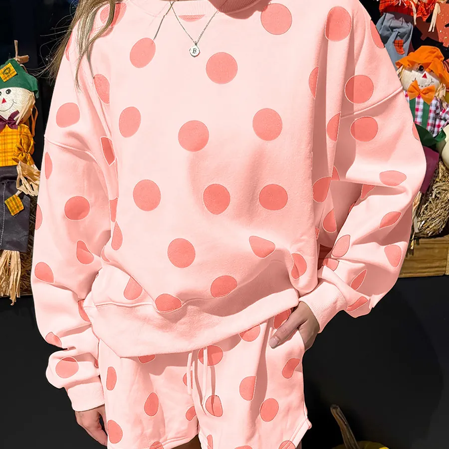 Women Casual Autumn Polo Dot Printed Long-Sleeve Sweatshirt Loose Shorts Two-Piece Set