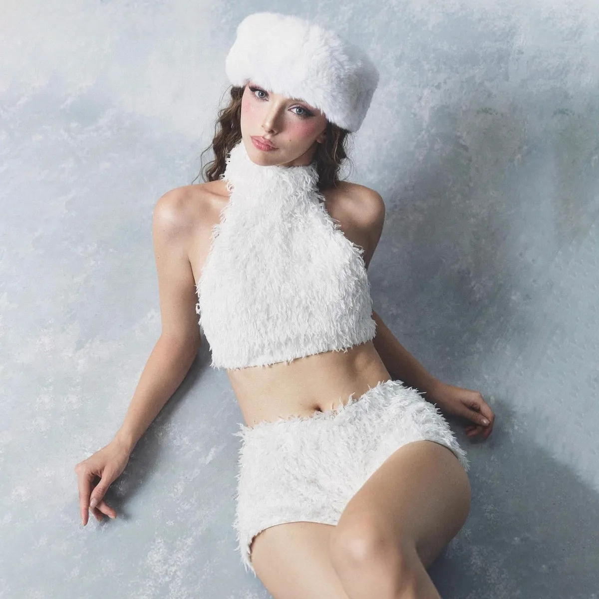 Women Fashion Sexy Winter Solid Color Plush High Collar Crop Top Tight Shorts Two-Piece Set
