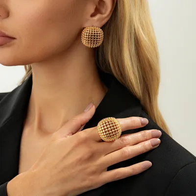 Women Fashion Personalized Round Hollow Ring Earrings Set