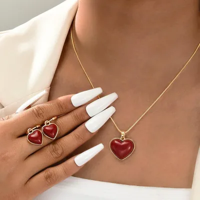 Women Creative Red Drop Oil Love Pendant Necklace Earrings Jewelry Set