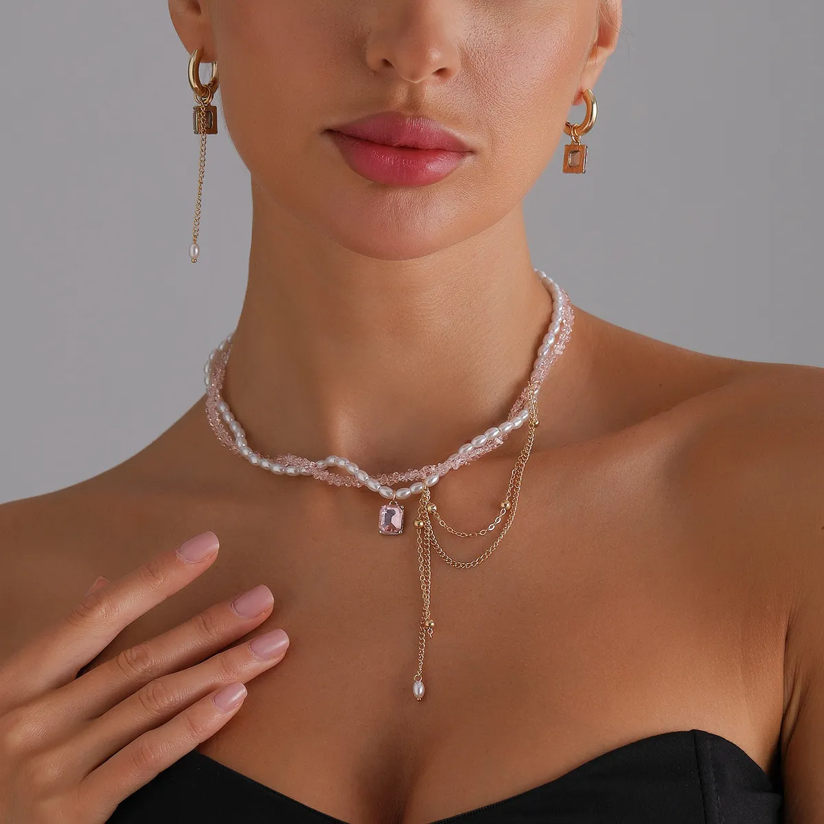 Women Fashion Elegant Crystal Beaded Square Tassel Necklace Asymmetric Earrings Set