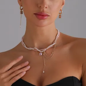 Women Fashion Elegant Crystal Beaded Square Tassel Necklace Asymmetric Earrings Set
