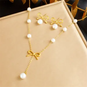 Women's Fashion Gold Plated Pearl Bowknot Earrings Chain Tassel Necklace Set