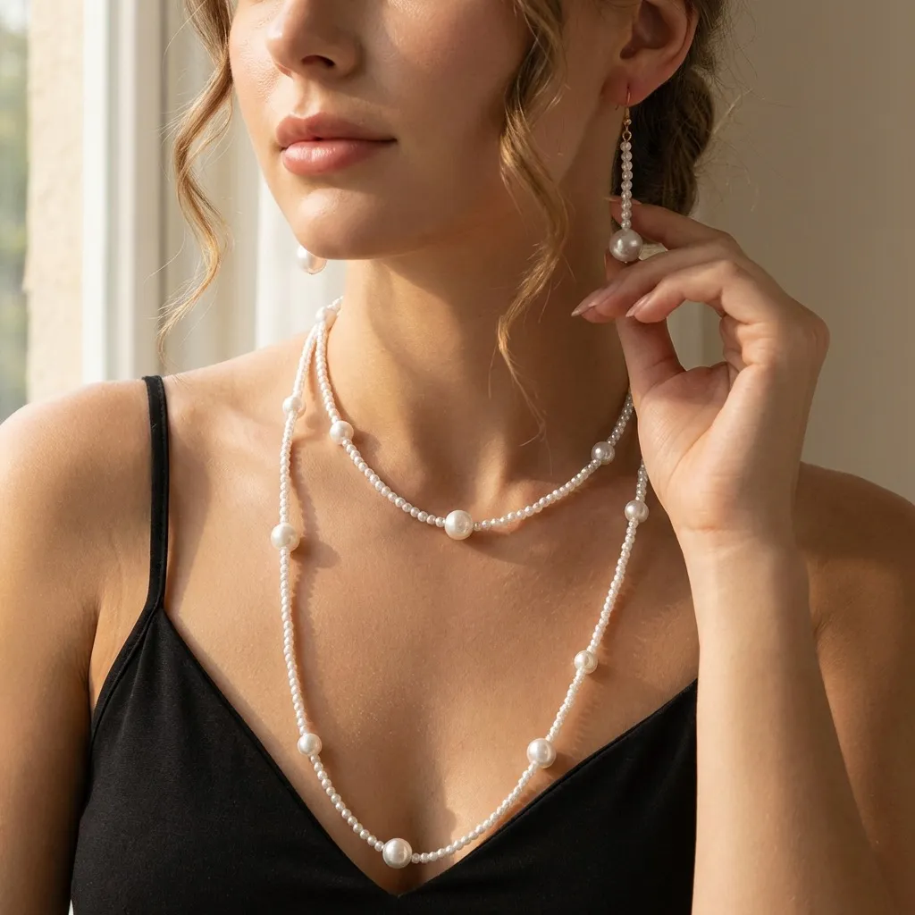 Women Fashion Elegant Multi-Layer Pearl Stacked Necklace Earrings Set