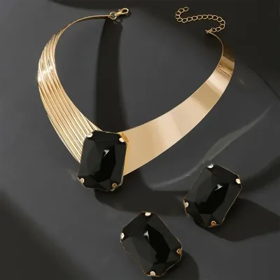 Women's Fashion Gemstone Inlaid Earrings and Necklace Set - Punk Style