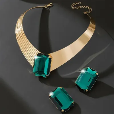Women's Fashion Gemstone Inlaid Earrings and Necklace Set - Punk Style