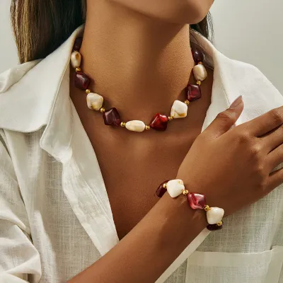 Women Fashion Multicolor Irregular Resin Beads Stitching Necklace Bracelet Set