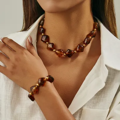 Women Fashion Multicolor Irregular Resin Beads Stitching Necklace Bracelet Set