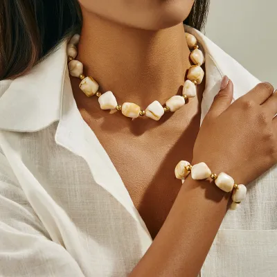 Women Fashion Multicolor Irregular Resin Beads Stitching Necklace Bracelet Set