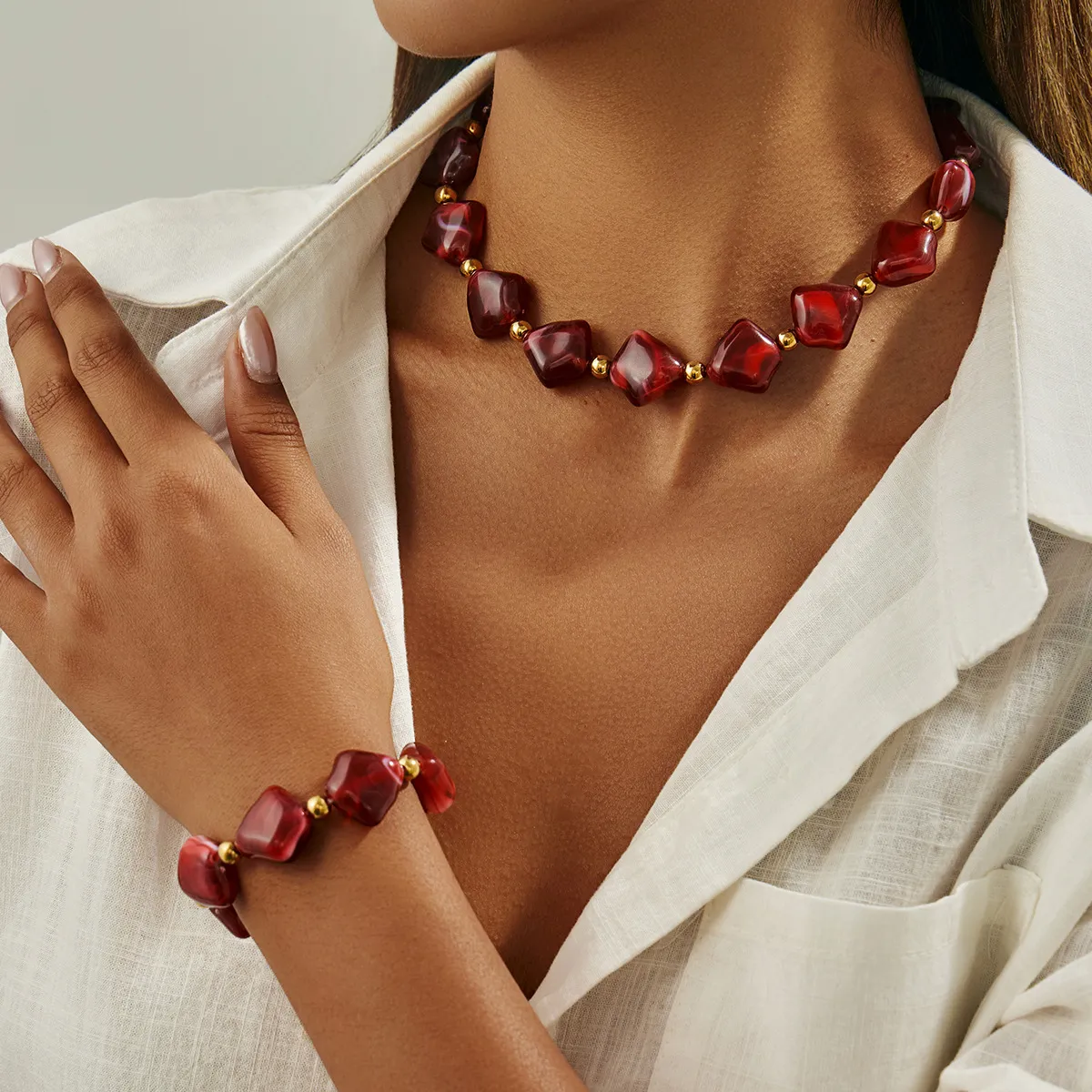Women Fashion Multicolor Irregular Resin Beads Stitching Necklace Bracelet Set