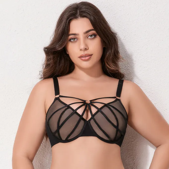 Women Fashion Sexy Plus Size Mesh Breathable Anti-Sagging Push-Up Cross Bra