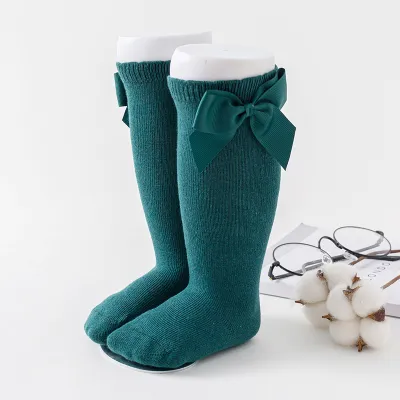 Kids Baby Girls Fashion Solid Bowknot Knee-High Cotton Socks