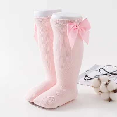 Kids Baby Girls Fashion Solid Bowknot Knee-High Cotton Socks