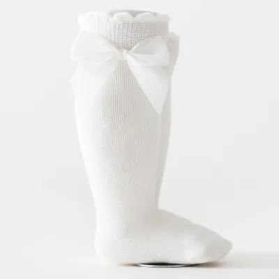 Kids Baby Girls Fashion Solid Bowknot Knee-High Cotton Socks