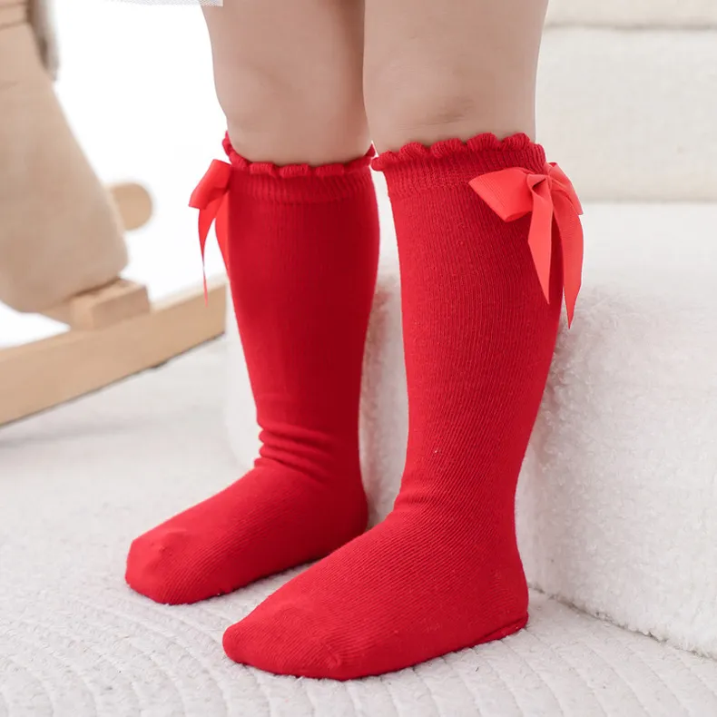 Kids Baby Girls Fashion Solid Bowknot Knee-High Cotton Socks