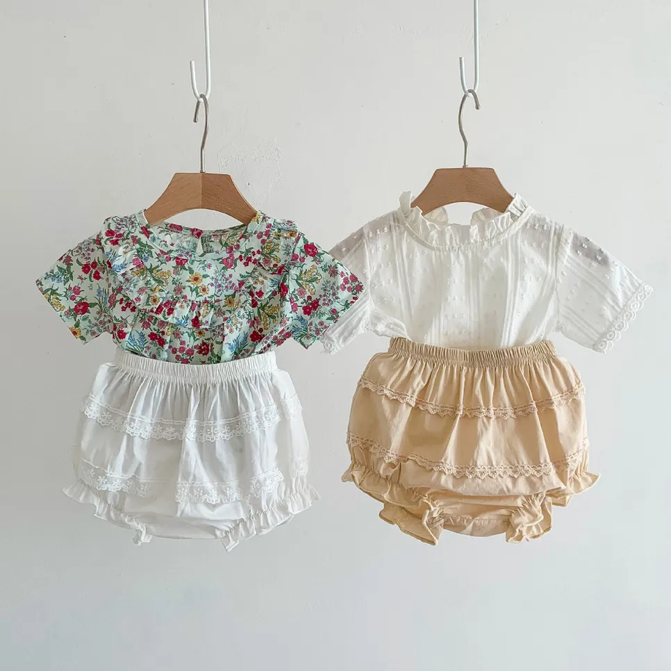 Baby Girls Fashion Cute Flower Printed Short-Sleeve Shirts Lace Shorts Two-Piece Set Cotton Light-Weight for Kids 0-3T