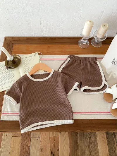 Kids Baby Boys Fashion Casual Color Block Waffler Short-Sleeve T-Shirt Shorts Two-Piece Set