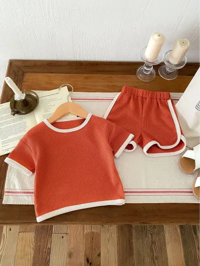 Kids Baby Boys Fashion Casual Color Block Waffler Short-Sleeve T-Shirt Shorts Two-Piece Set