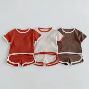 Kids Baby Boys Fashion Casual Color Block Waffler Short-Sleeve T-Shirt Shorts Two-Piece Set