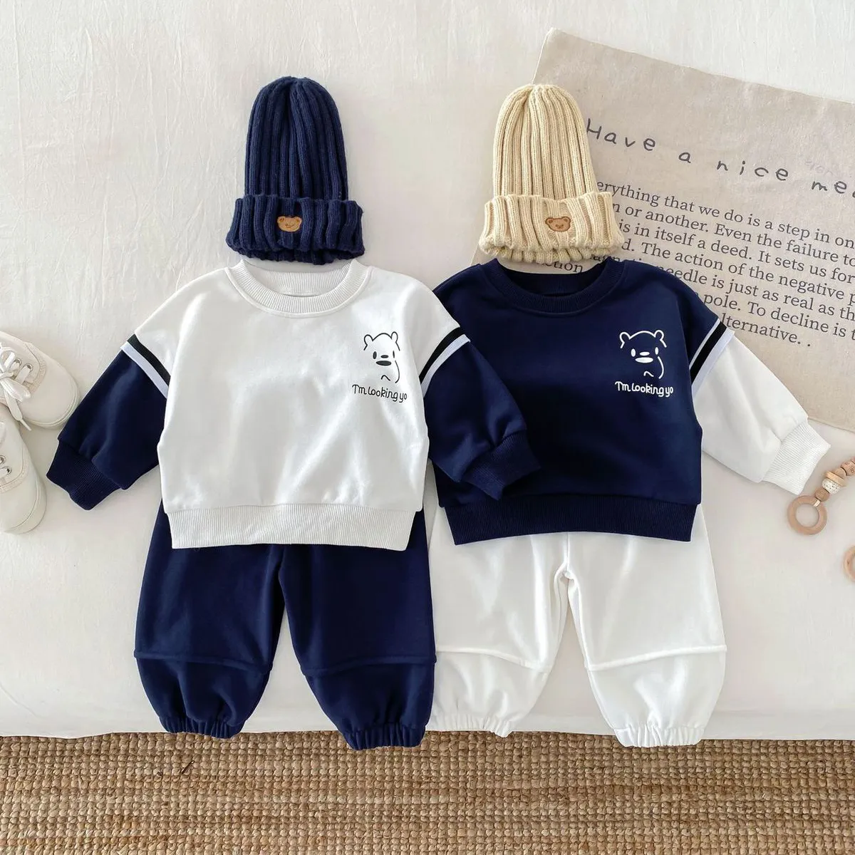 Kids Baby Boys Fashion Casual Bear Stitching Long-Sleeve Sweatshirt Pants Two-Piece Set Cotton