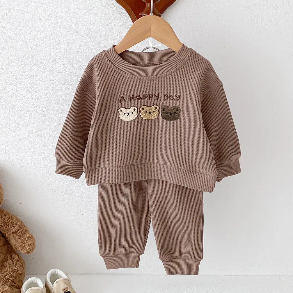 Kids Baby Boys And Girls Fashion Casual Waffles Bear Print Long Sleeve Top Pants 2-Piece Set