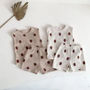 Kids Baby Boys And Girls Fashion Bear Print Cotton Vest Loose Shorts Two-Piece Set