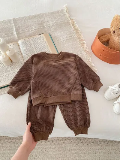 Kids Baby Boys Girls' Fashion Solid Color Rib Edge Long-Sleeve Top Pants Knitted Two-Piece Set