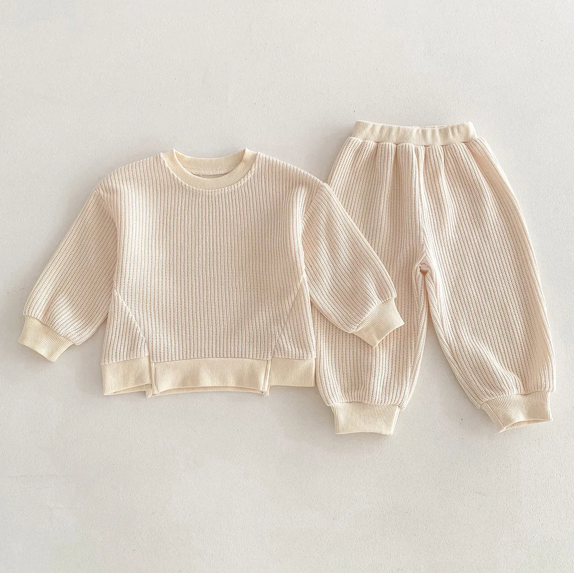 Kids Baby Boys Girls' Fashion Solid Color Rib Edge Long-Sleeve Top Pants Knitted Two-Piece Set