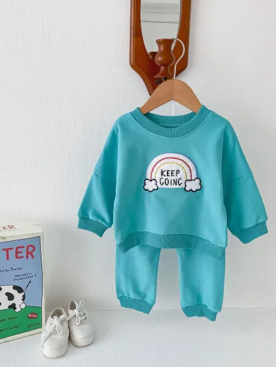 Kids Baby Boys And Girls Rainbow Long-Sleeve Sweatshirt Pants Two-Piece Set Cotton Casual