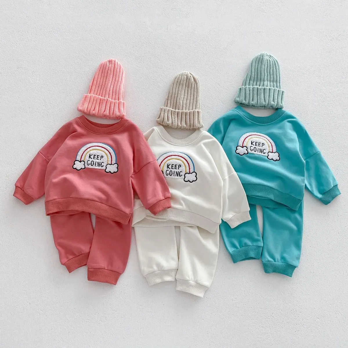 Kids Baby Boys And Girls Rainbow Long-Sleeve Sweatshirt Pants Two-Piece Set Cotton Casual