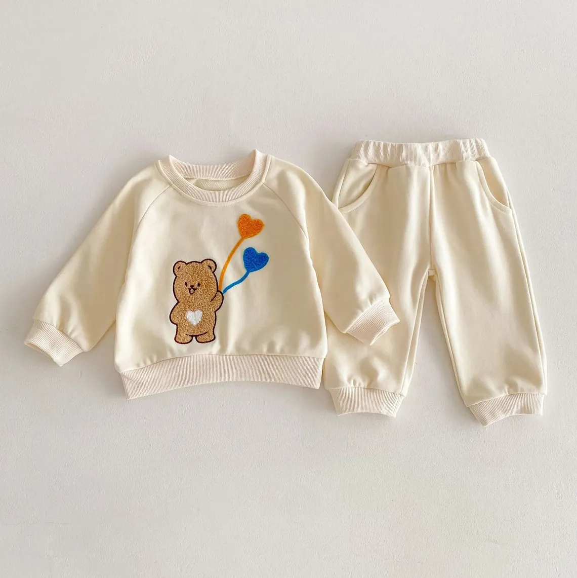 Kids Baby Boys Girls Fashion Cartoon Cute Bear Balloon Long Sleeve Cotton Sweatshirt Pants Two-Piece Set