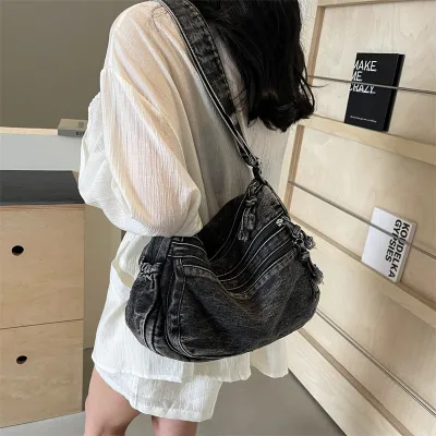 Women Fashion Large Capacity Crossbody Bag Denim Canvas with Zipper