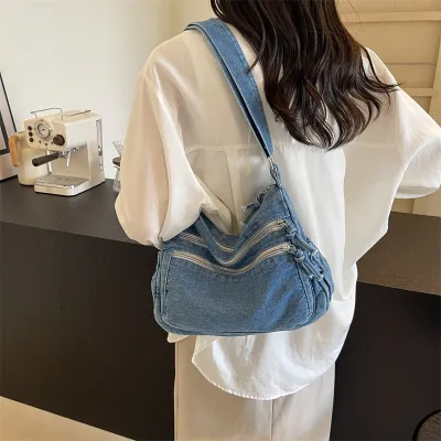 Women Fashion Large Capacity Crossbody Bag Denim Canvas with Zipper