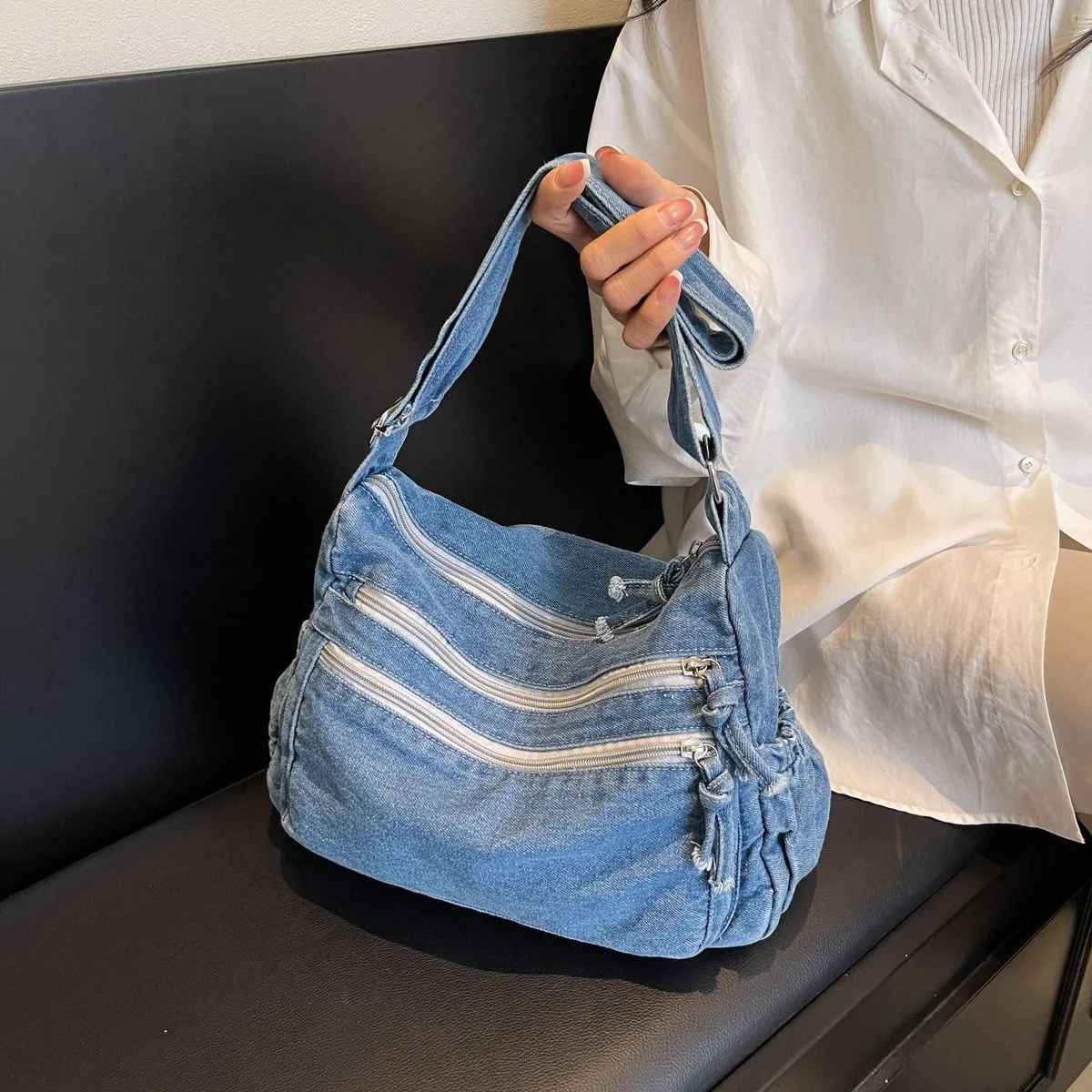 Women Fashion Large Capacity Crossbody Bag Denim Canvas with Zipper