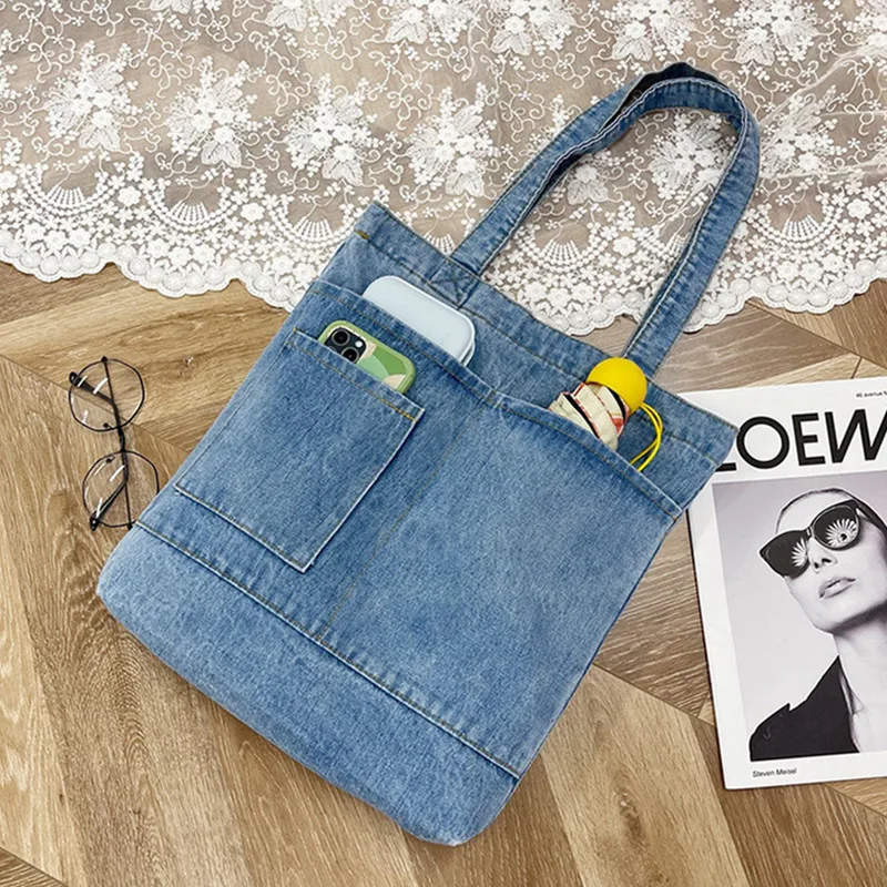 Women Fashion Casual Simple Canvas Denim Shoulder Bag Medium Soft Zipper