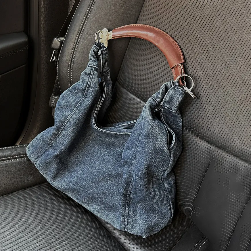 Women Fashion Casual Large Capacity Denim Shoulder Bag PU Soft