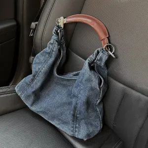 Women Fashion Casual Large Capacity Denim Shoulder Bag PU Soft